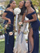 Mermaid Off-shoulder Side Slit Navy Blue Long Bridesmaid Dresses, BDS0146
