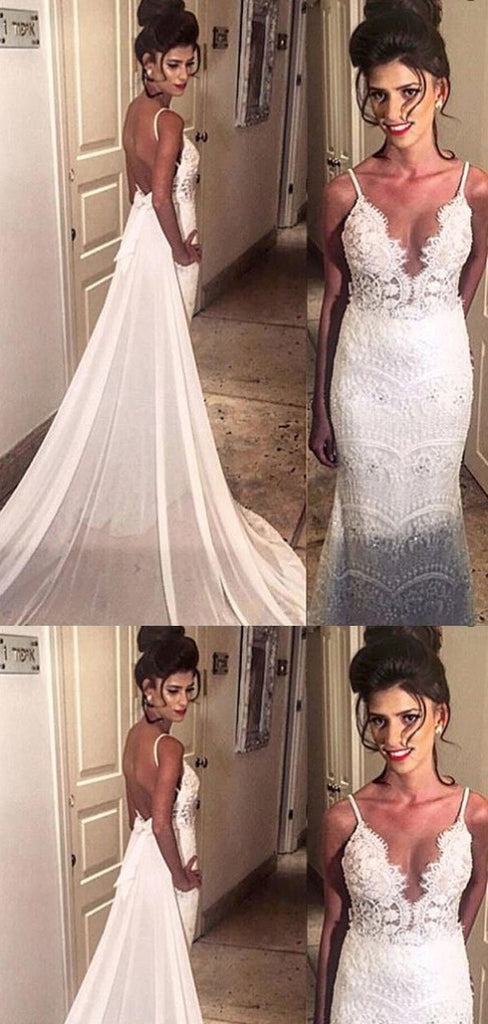 Mermaid Spaghetti Open Back Lace Wedding Dresses.Cheap Wedding Dresses, WDY0283