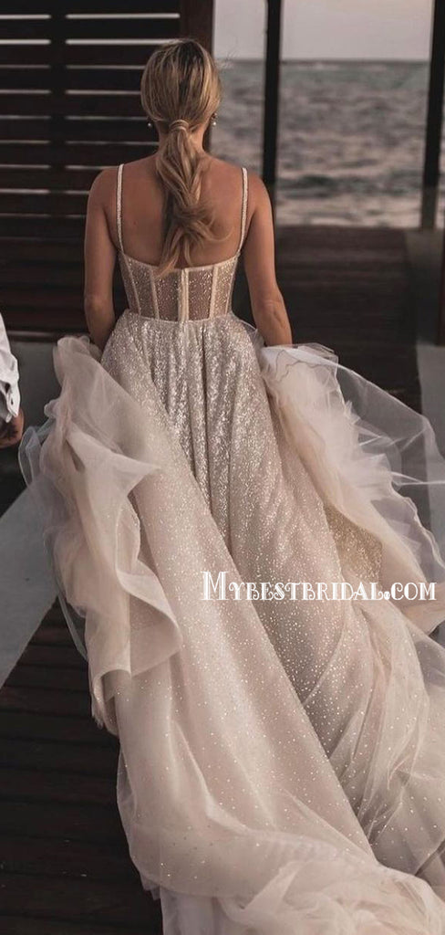 Sparkly Spaghetti Straps A-line Tulle Long Cheap Wedding Dresses, WDS0018