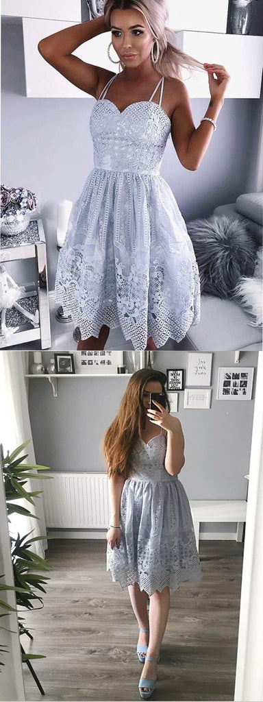 Sweetheart Spaghetti Straps Grey Lace Short Homecoming Dresses ,BDY0279