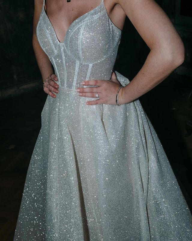 Sparkly V-neck A-line Simple Open Back Wedding Dresses With Long Train. WDS0104