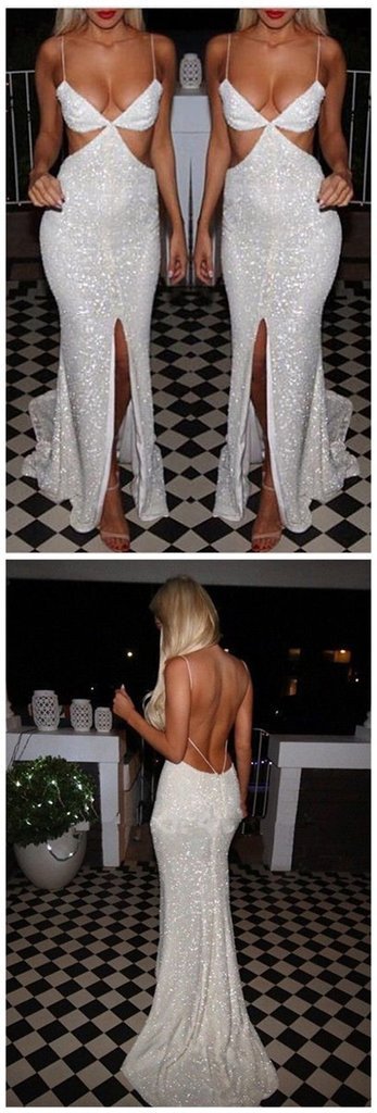 Sexy Spaghetti White Sequin Backless Long Mermaid Side Slit Prom Dresses, BG0141