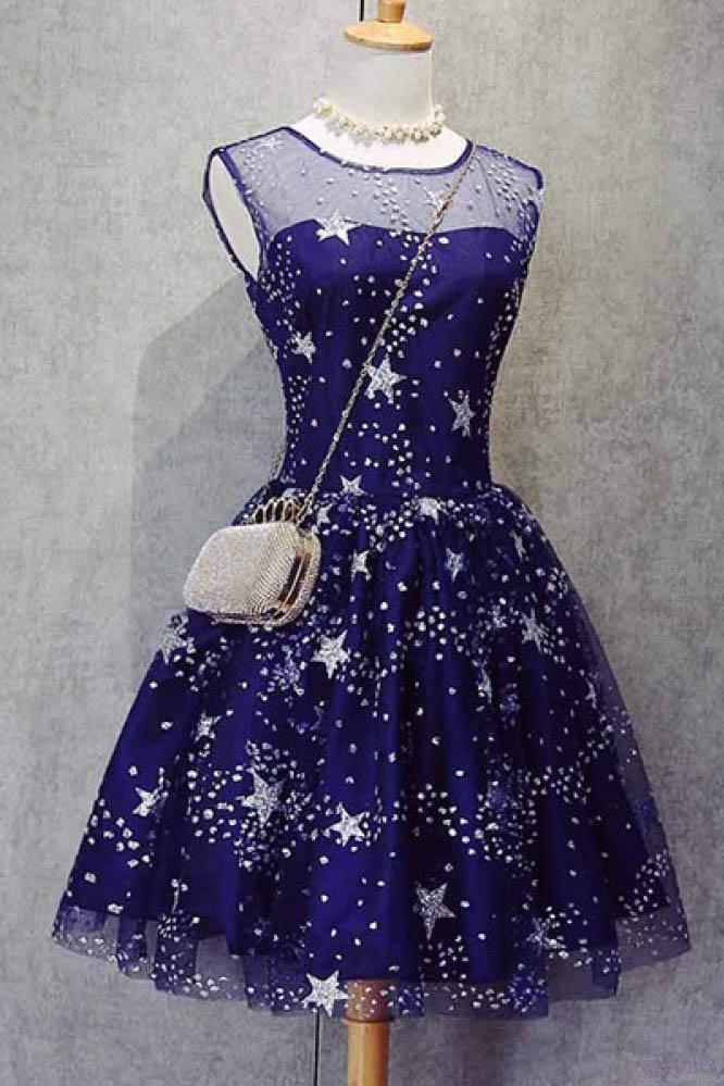 Blue Illusion Unique Cheap Short Homecoming Dresses 2018, BDY0286