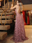 A-line V-neck Pink Lace Evening Dresses ,Cheap Prom Dresses,PDY0591