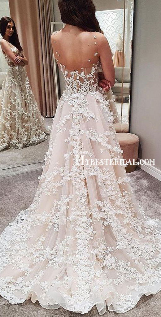 See Through Lace Sheath Cheap Beach Wedding Dresses Online, WDY0254