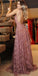A-line V-neck Pink Lace Evening Dresses ,Cheap Prom Dresses,PDY0591