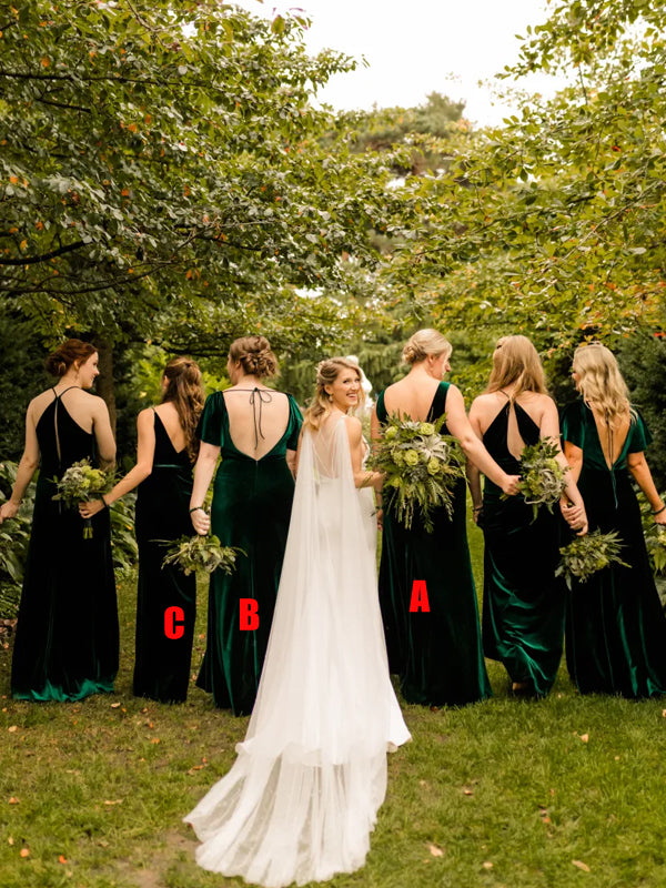 Simple Mermaid Mismatched Velvet Long Bridesmaid Dresses, BDS0153