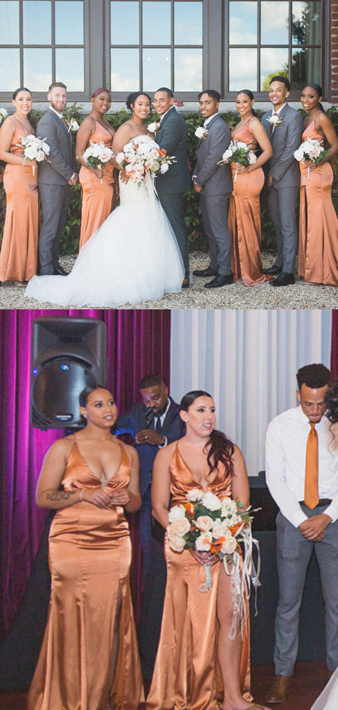 Spaghetti Strap Side Slit Simple Long Bridesmaid Dresses, BDS0147