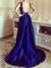 Hi-low Strap Beaded Navy Backless Long Prom Dresses, BG0154