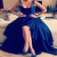 Hi-low Strap Beaded Navy Backless Long Prom Dresses, BG0154