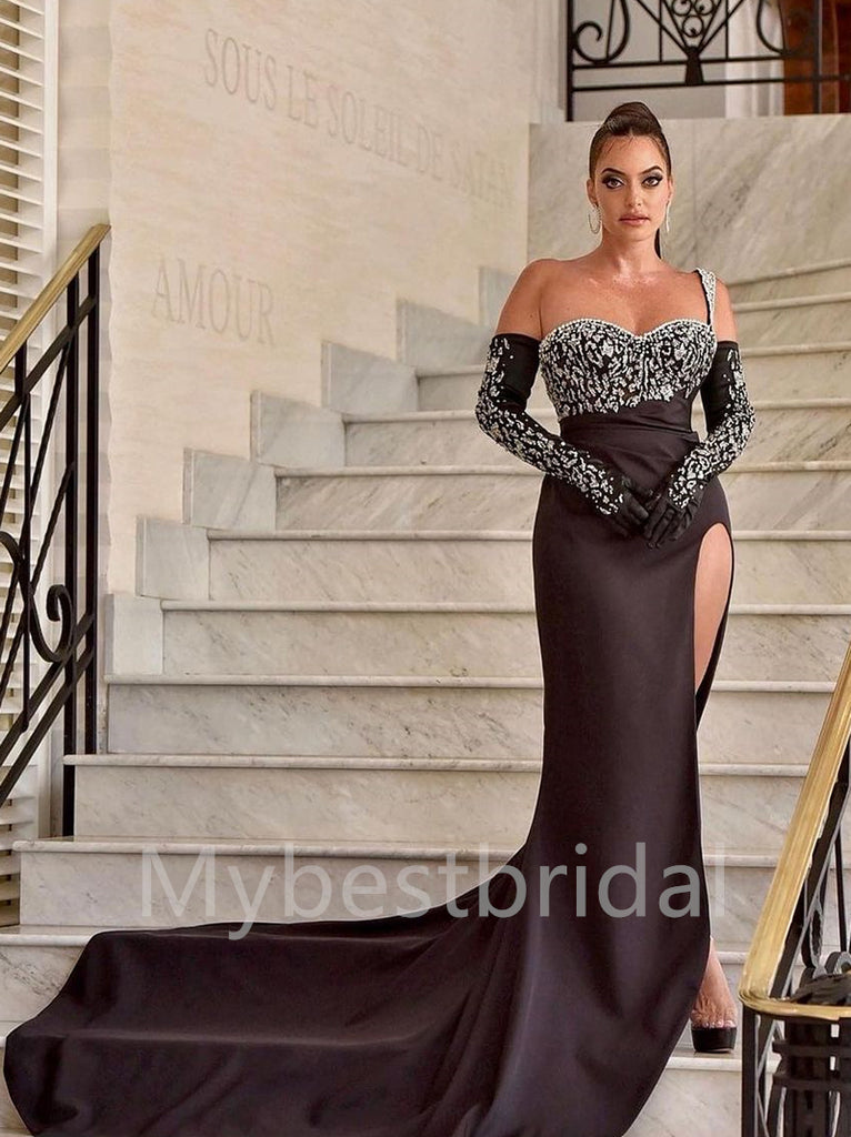 Elegant Sweetheart One-shoulder Side slit Mermaid Prom Dresses , PDS0345