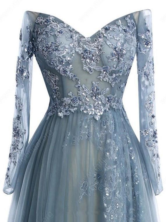 Gorgeous Lace Beaded Long Sleeve See Through Tulle Long Prom Dresses, BG0156