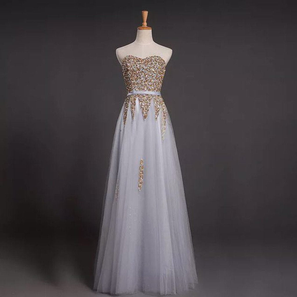 Sweetheart Rhinestone Long A-line Tulle Lace Up Prom Dresses, BG0159