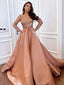 Simple Long Sleeve A-line Satin Tulle Long Prom Dresses, PDS0209