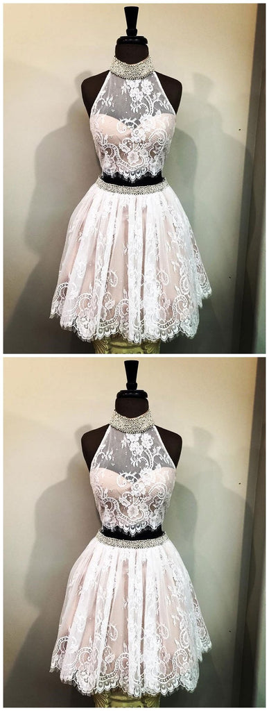 Cheap Halter Two Piece Cute Lace Homecoming Dresses 2018, BDY0170