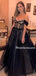 Newest Off-shoulder A-line Tulle Black Long Prom Dresses, PDS0210