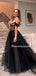 Newest Off-shoulder A-line Tulle Black Long Prom Dresses, PDS0210