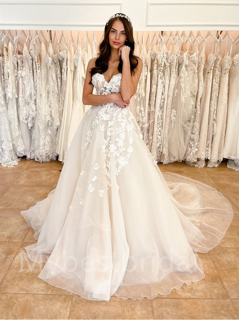 Simple Sweetheart A-line Lace applique Wedding Dresses, WDY0244