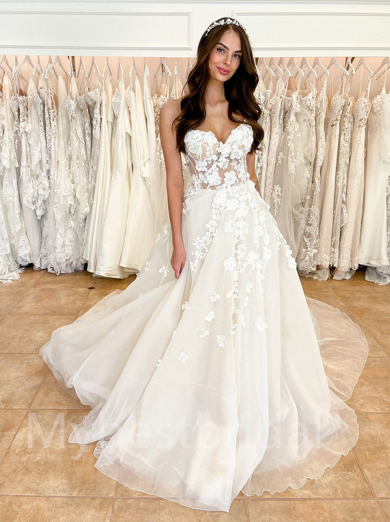 Simple Sweetheart A-line Lace applique Wedding Dresses, WDY0244