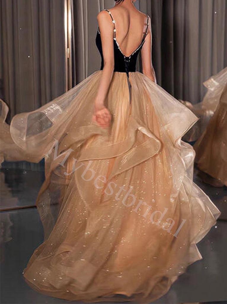 Elegant Spaghetti straps V-neck A-line Prom Dresses,PDS0812