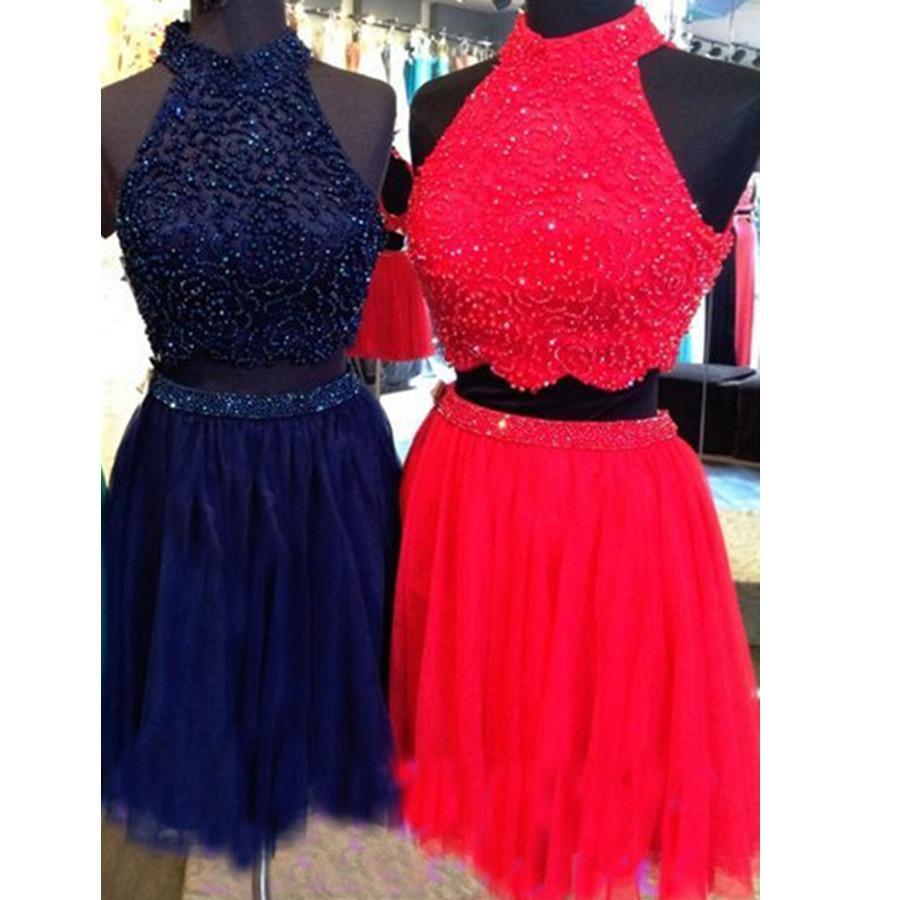 Halter open back Two Pieces sparkly with beading homecoming prom gown dress,BDY0145