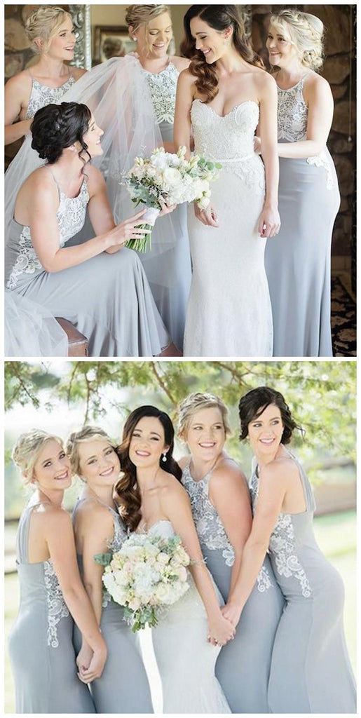 Halter Unique Lace Mermaid Cheap Long Grey Bridesmaid Dresses Online, WGY0254