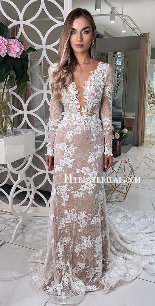 Lace V Neck Long Sleeve Mermaid Cheap Beach Wedding Dresses Online, WDY0252