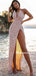 Sexy V Neck Mermaid Sequin Side Slit Long Prom Dresses, PDS0279