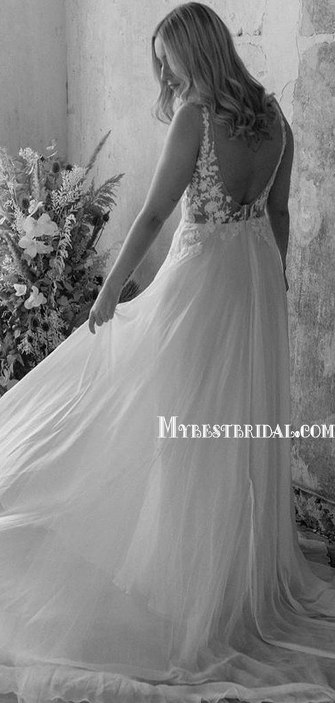 Popular V-neck A-line Chiffon Lace Long Wedding Dresses. WDS0107