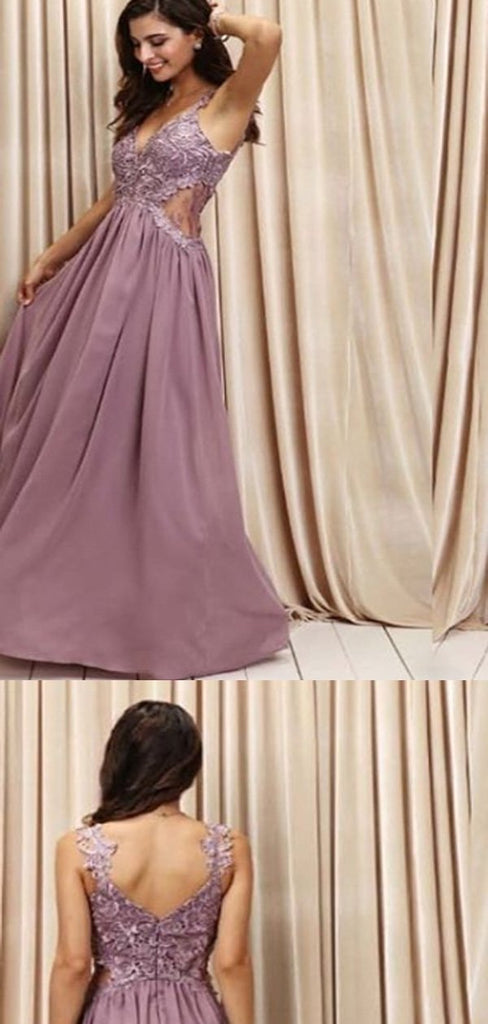 Spaghetti Straps V-neck Dusty Purple Lace Prom Dresses,Cheap Prom Dresses,PDY0481