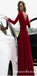 Long Sleeves Dark Red,V Neck Prom Dress With High Slit ,Evening Gowns  ,PDY0176