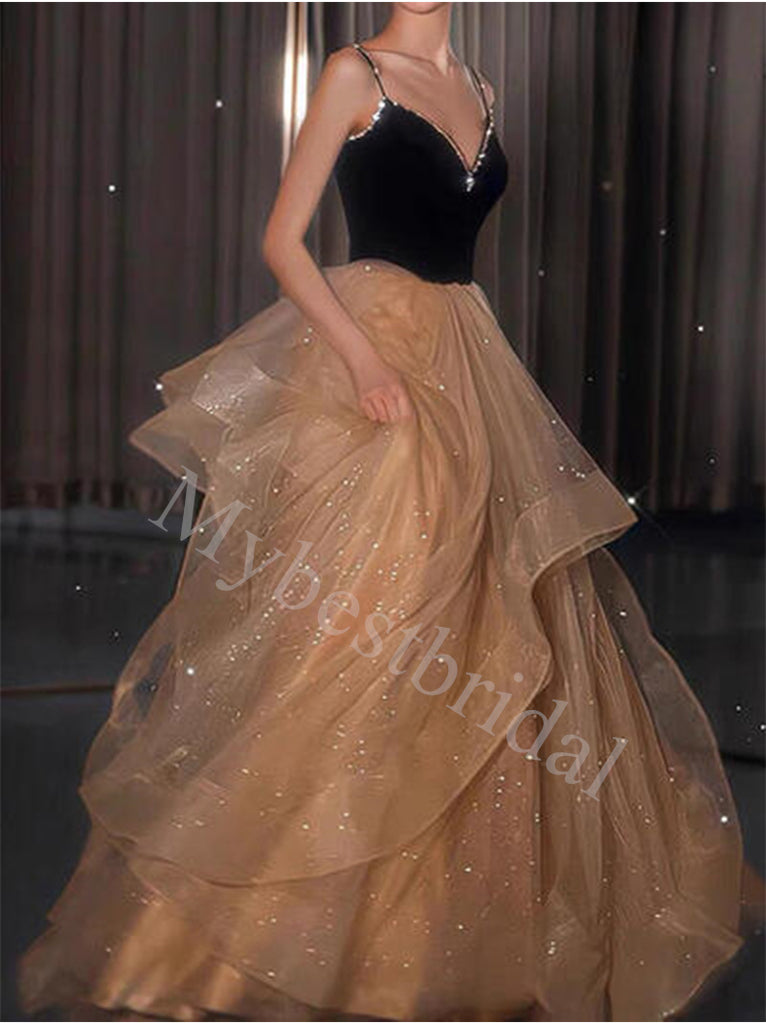 Elegant Spaghetti straps V-neck A-line Prom Dresses,PDS0812