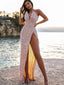 Sexy V Neck Mermaid Sequin Side Slit Long Prom Dresses, PDS0279