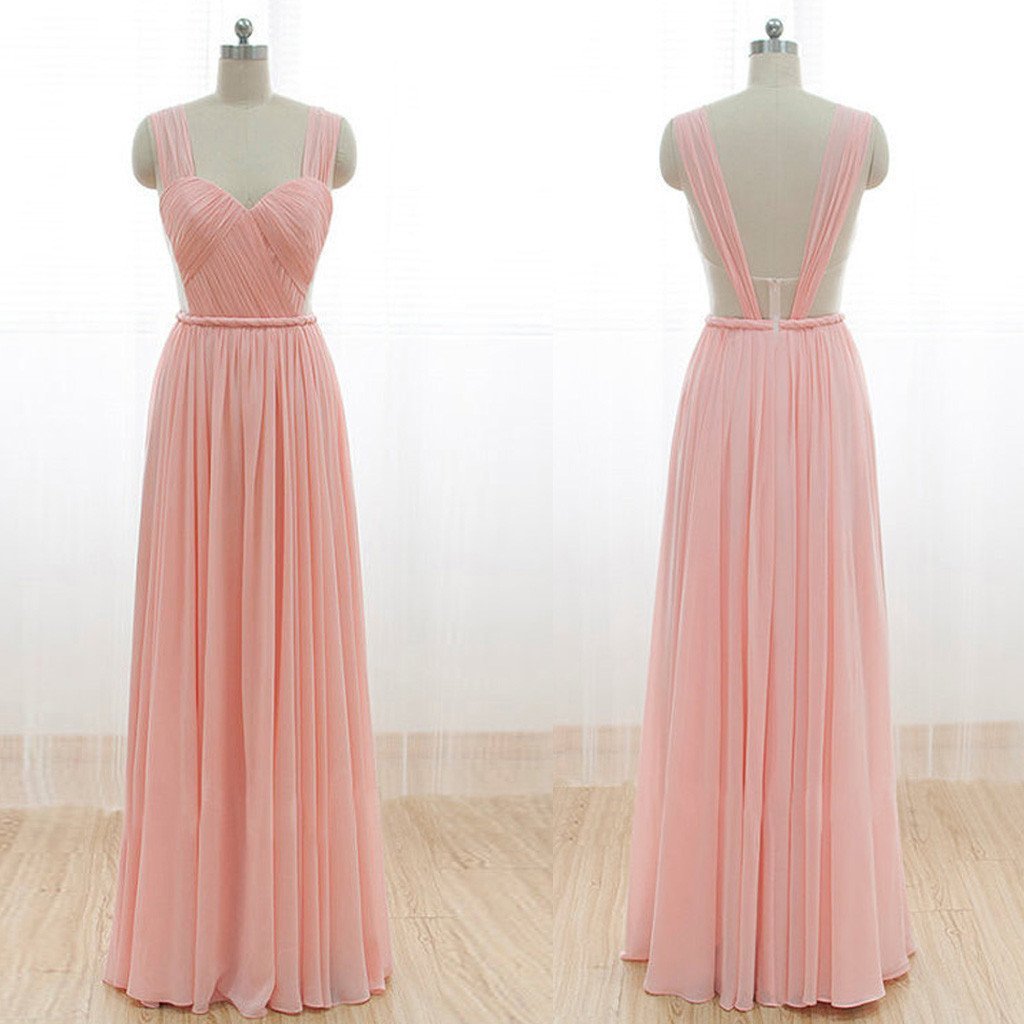 Cheap Junior Long Chiffon Pink Off Shoulder Sweet Heart Open Back Bridesmaid Dresses, WGY0261
