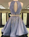 Grey Two Pieces Hatler Beaded Cheap Short Homecoming Dresses 2018, BDY0285