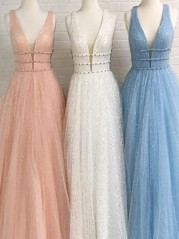 A-line V-neck Blue Tulle Prom Dresses,Cheap Prom Dresses,PDY0489