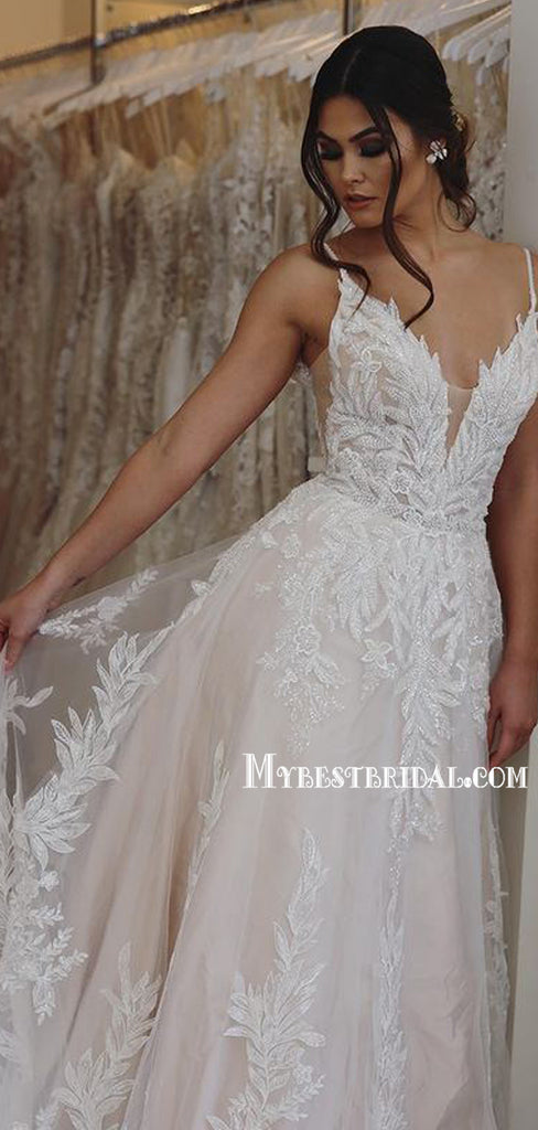 Gorgeous V-neck A-line Lace Appliques Long Wedding Dresses. WDS0108