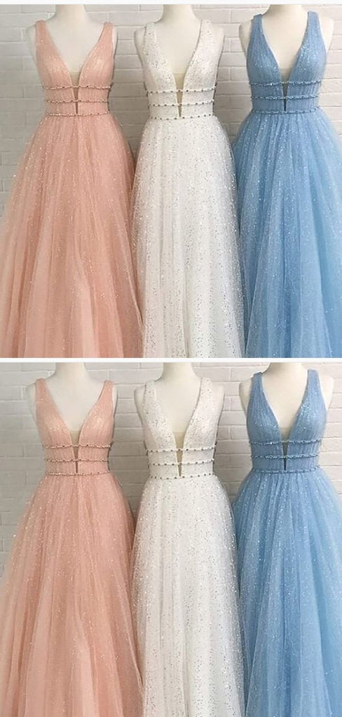 A-line V-neck Blue Tulle Prom Dresses,Cheap Prom Dresses,PDY0489