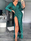 Elegant V-neck Long sleeves Side slit Mermaid Prom Dresses, PDS0478