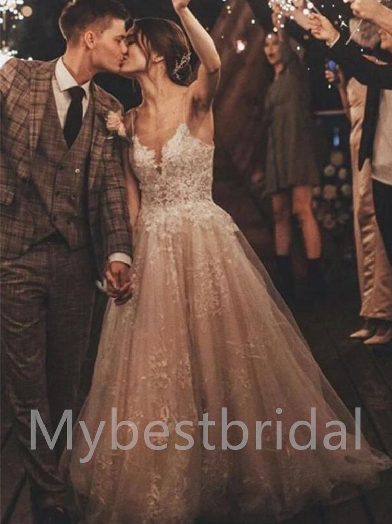 Elegant Spaghetti straps V-neck A-line Lace applique Wedding Dresses, WDY0307