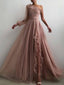 Popular A-line One-shoulder Tulle Side Slit Long Prom Dresses, PDS0273