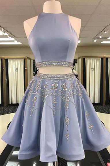 Grey Two Pieces Hatler Beaded Cheap Short Homecoming Dresses 2018, BDY0285