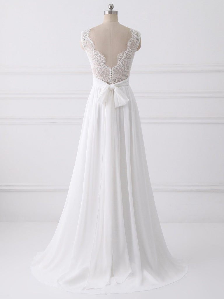 V Neck Lace Straps Simple Custom Cheap Beach Wedding Dresses, WDY0186