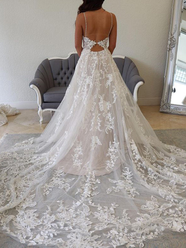 Newest V-neck A-line Lace Appliques Long Wedding Dresses. WDS0109