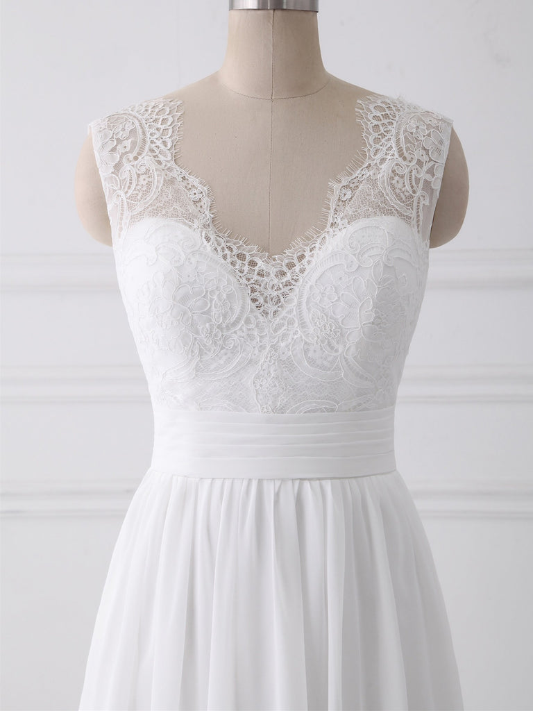 V Neck Lace Straps Simple Custom Cheap Beach Wedding Dresses, WDY0186