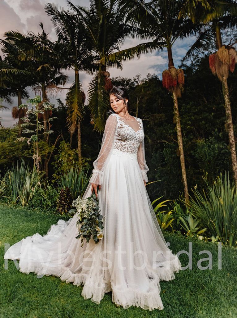 Simple V-neck Lone sleeves  A-line Lace applique Wedding Dresses, WDY0222