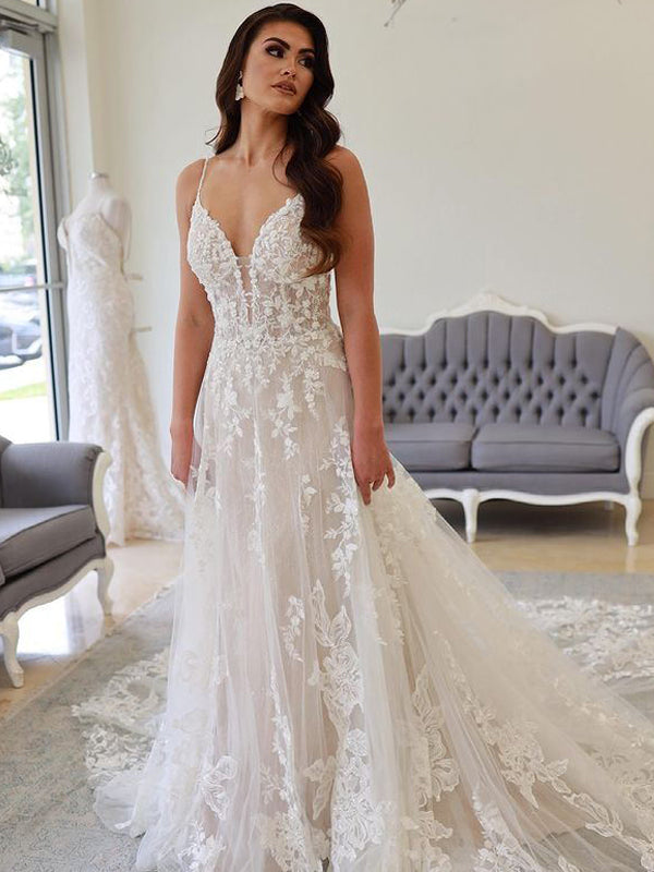 Newest V-neck A-line Lace Appliques Long Wedding Dresses. WDS0109