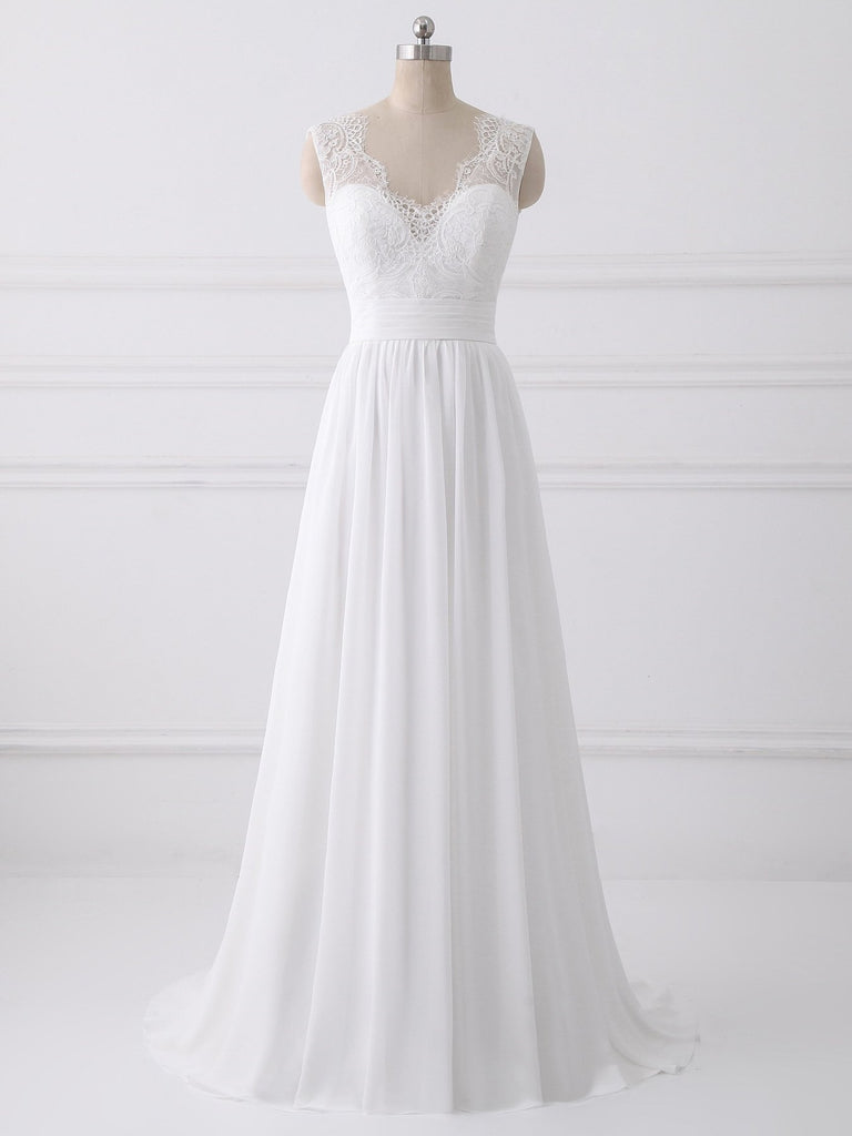 V Neck Lace Straps Simple Custom Cheap Beach Wedding Dresses, WDY0186