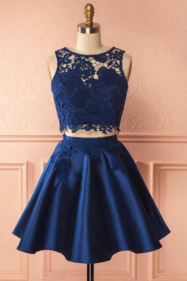 Sexy Two Pieces Navy Blue Illusion Lace Cheap Short Homecoming Dresses 2018, BDY0340