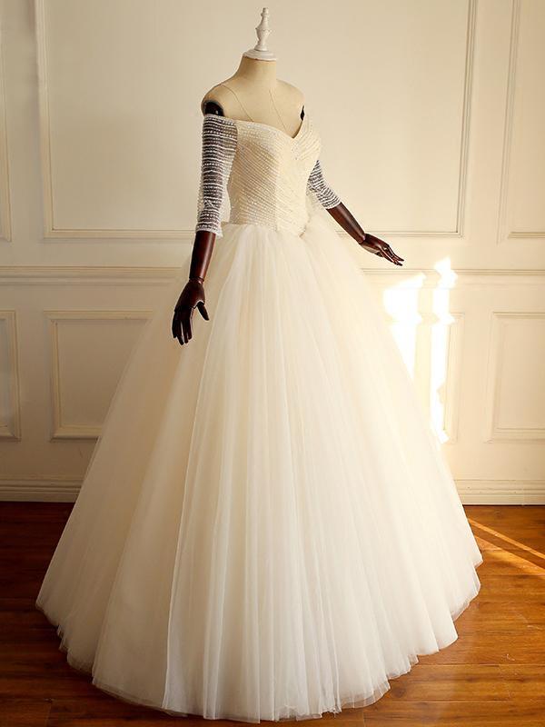 Off Shoulder Long Sleeve Beaded A-line Lace Long Custom Cheap Wedding Dresses,WDY0172